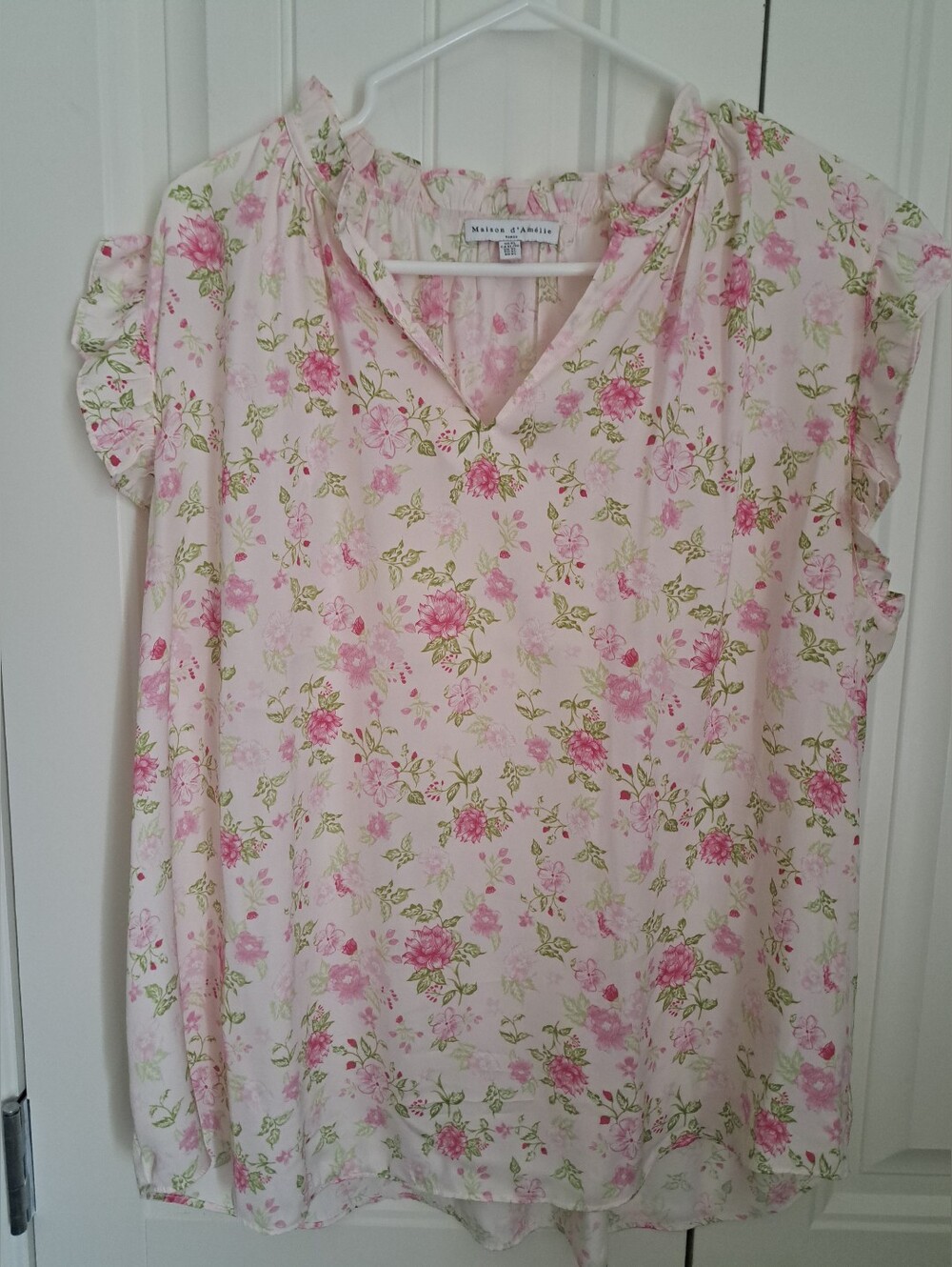 Pink Floral V-Neck Ruffle Sleeve Blouse